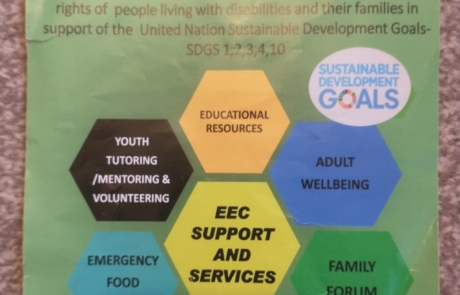 The front page of Equal Education Chances' flyer, showing their logo and a list of their services shown in "honeycomb format"