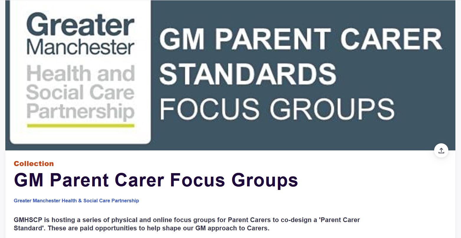 Screenshot of the Eventbrite collection for the GM Parent Carer Standards Focus Groups