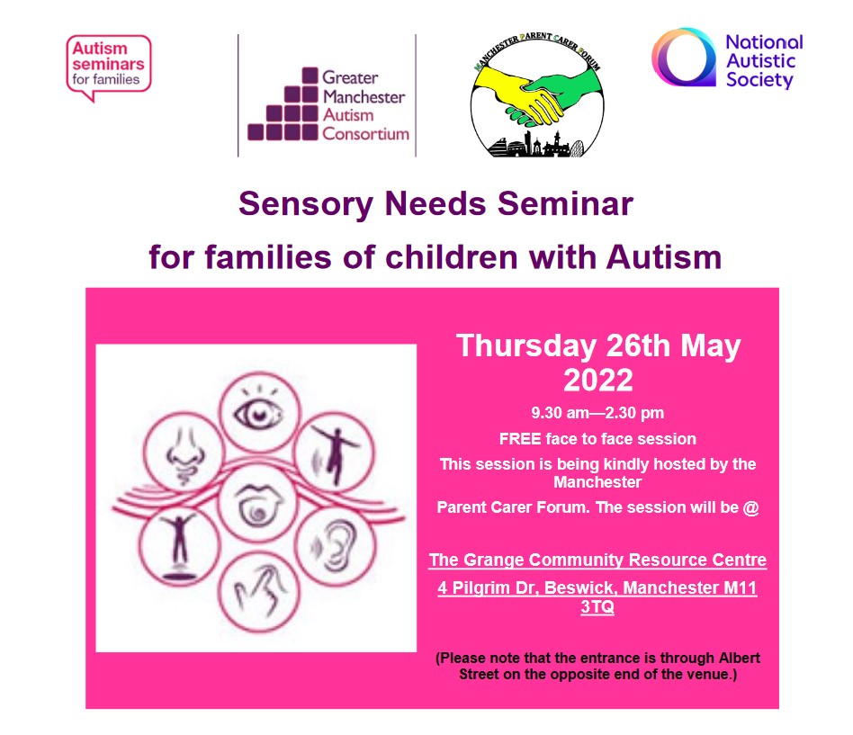 This cropped flyer for GMAC's "Understanding Sensory Needs" parent seminar shows the logos of "Autism seminars for families", Greater Manchester Autism Consortium, Manchester Parent Carer Forum, and the National Autistic Society at the top, followed by some event details (date, time, venue).