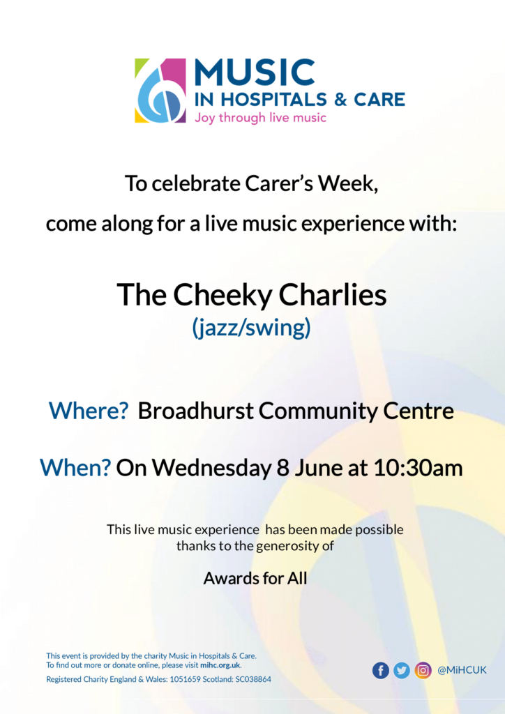 In celebration of Carers Week 2022, we are hosting this The Cheeky Charlies concert for parents and carers of children and young people with Special Educational Needs and/or Disabilities (SEND), with thanks to Music in Hospitals and Care (MiHC). The event will be on 8 June 2022, 10am-12pm.