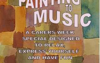 The photos shows the text "MEDITATION AND PAINTING TO MUSIC" "A CARERS WEEK SPECIAL DESIGNED TO RELAX, EXPRESS YOURSELF AND HAVE FUN" "on MONDAY 13th JUNE 10.30am-12.30pm at GRANGE COMMUNITY RESOURCE CENTRE, 19 Pilgrim Drive, Beswick, M11 3TQ" "Free to book with @manchesterparentcarerforum" over a background of colourful rectangular swaths of paint.