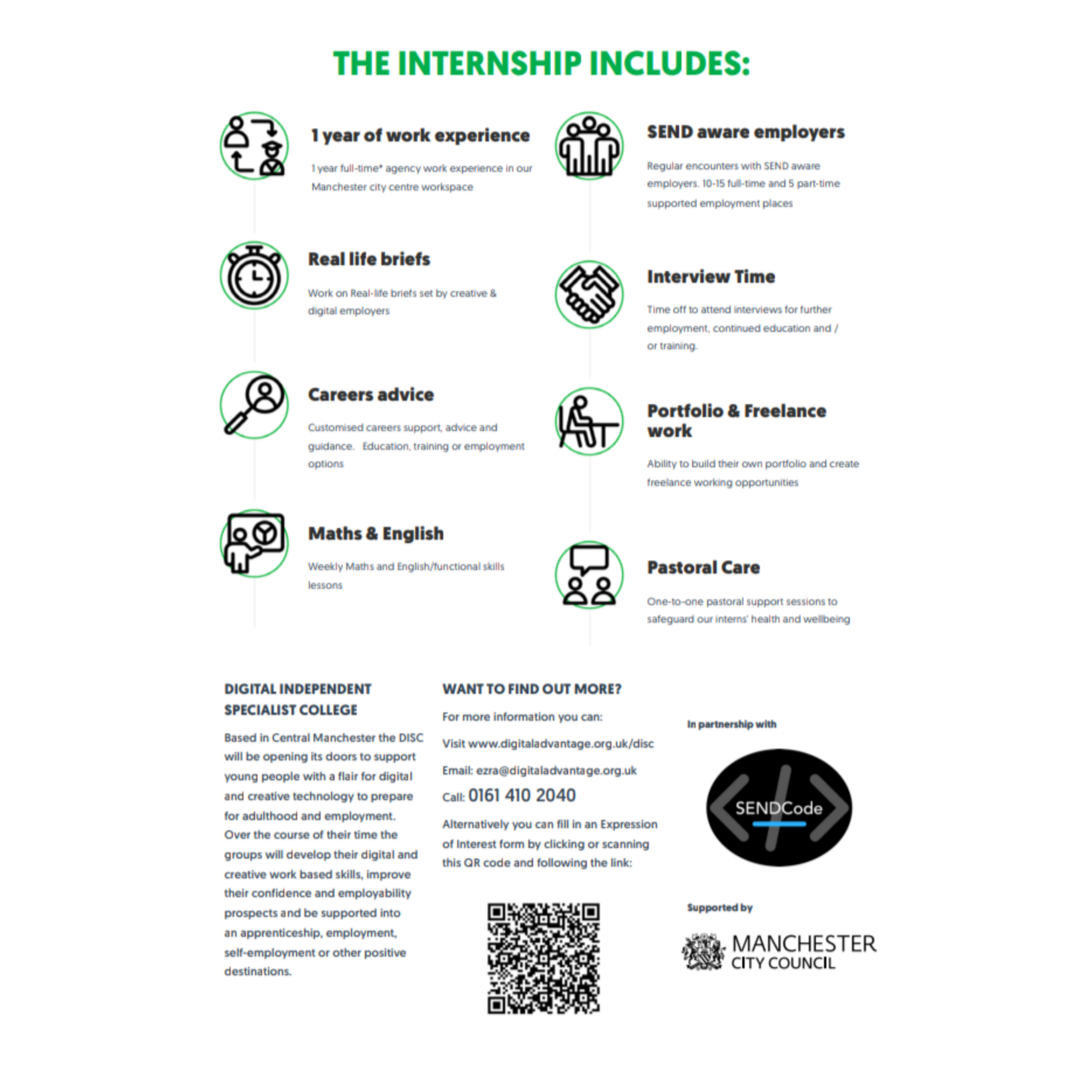 A screenshot of page 2 of the Digital Independent Specialist College (DISC) flyer, showing what the internship includes, contact info and a website link, a QR code for the expression of interest form, and SEND Code's and Manchester City Council's logos