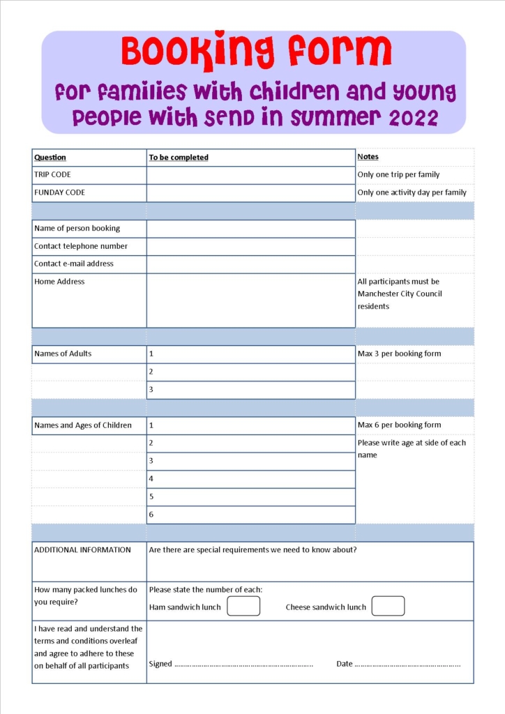 the booking form for the trips and family fundays co-organised by MPCF and 4CT for Summer 2022