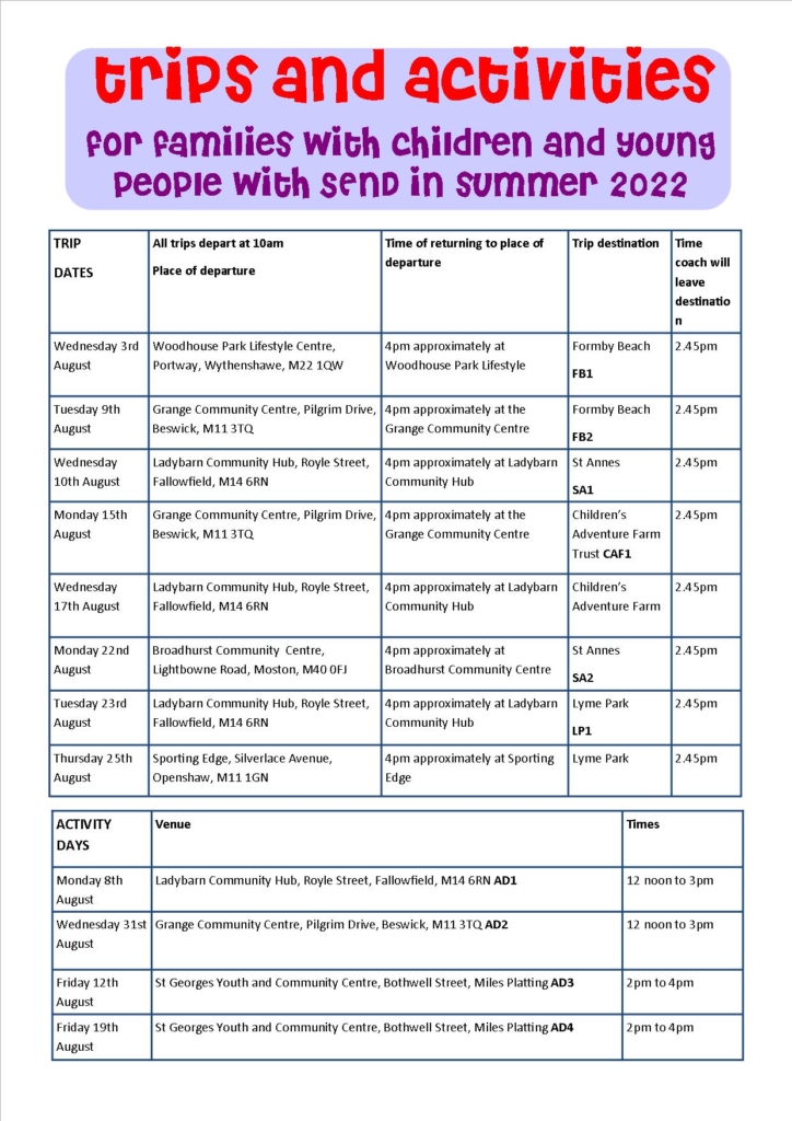 the full list of trips and family fundays co-organised by MPCF and 4CT for Summer 2022
