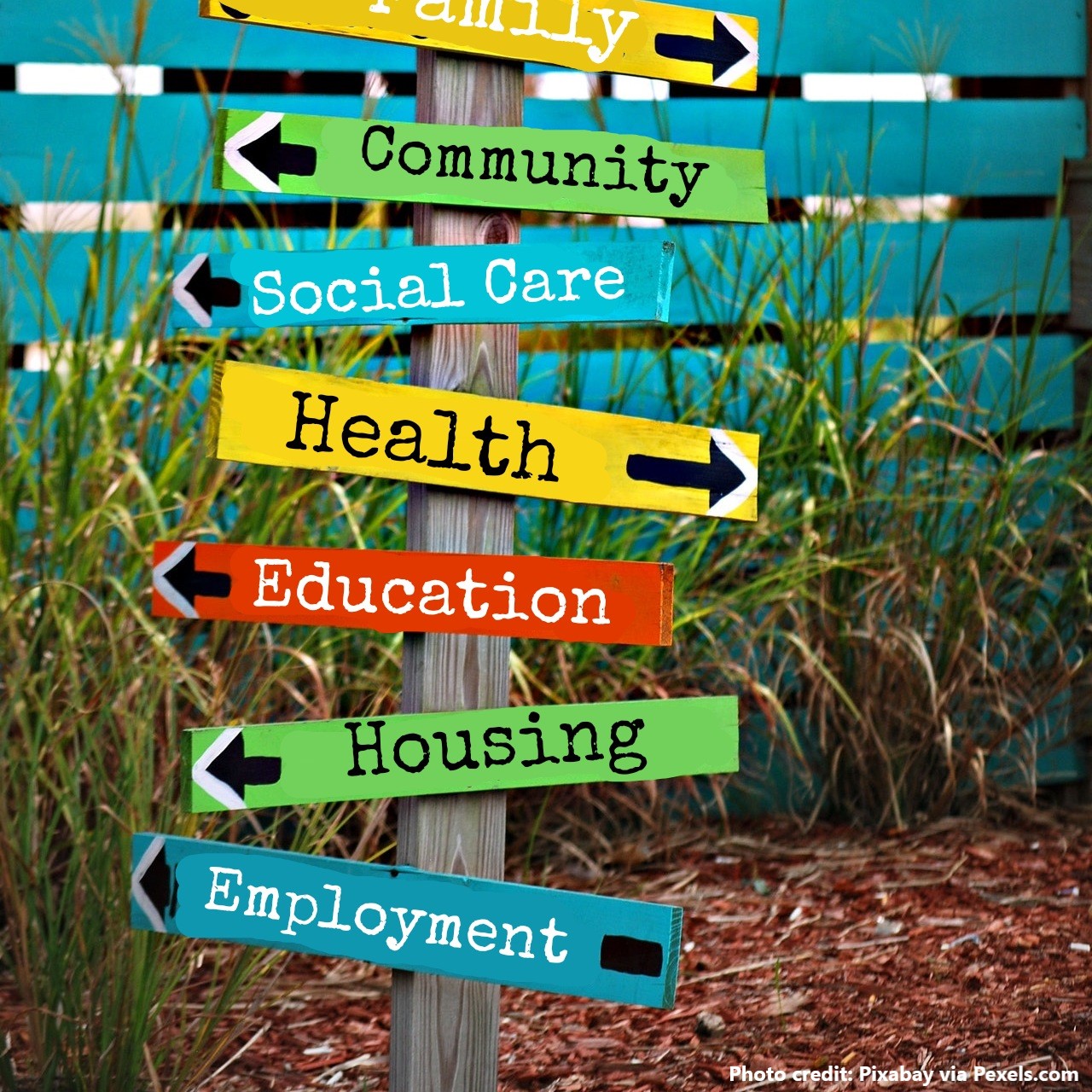 A wooden post planted on the ground with various boards attached showing arrows/directions for Family, Community, Social Care, Health, Education, Housing, and Employment. A metaphor for the Preparing for Adulthood journey of children and young people with SEND.