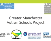 Screenshot of the first slide of the Greater Manchester Autism in Schools project presentation, showing logos of Greater Manchester Combined Authority (GMCA), Greater Manchester Health and Social Care Partnership (GMHSCP), Manchester City Council, MPCF, Manchester Local Care Organisation (MLCO), and Manchester University NHS Foundation Trust (MFT)