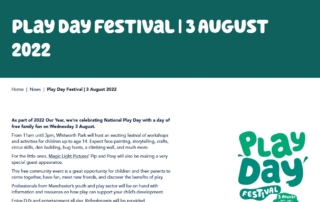 Screenshot of the Playday Festival event page on Our Year 2022's website, showing event details and the Play Day Festival logo