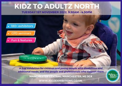This flyer for the Kidz t Adultz North exhibition shows the event details on the foreground and a toddler sat on a specialist chair on the background.