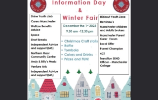 Poster for Melland High School's "Parents/Carer Information Day and Winter Fair" for 2022, showing festive-looking houses and Christmas trees in the background + Melland's and Bright Futures Educational Trust's logos at the top + event details in the foreground