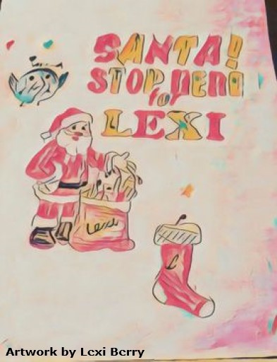 This is an illustration of Santa putting presents into Lexi's bag. There's a custom lettering of 