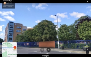 This is a screenshot of a Google Maps photo showing Loreto College, as viewed from Chichester Road in Hulme, Manchester.