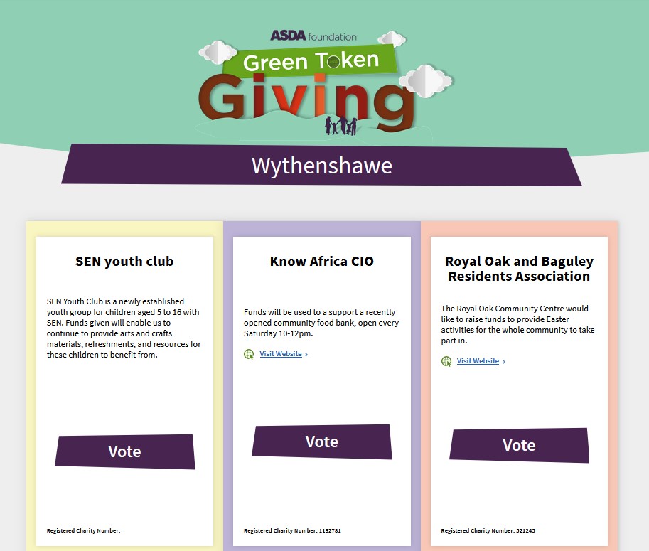 The photo shows a screenshot of Asda Wythenshawe's Green Token Giving page during Spring 2023.