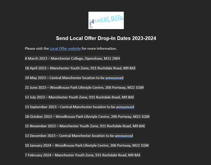 List of SEND Local Offer Drop-ins from March 2023 through February 2024