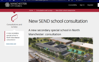 The photo is a screenshot of the page on Manchester City Council's website about the consultation around the new specialist secondary school that being planned to be built in North Manchester.