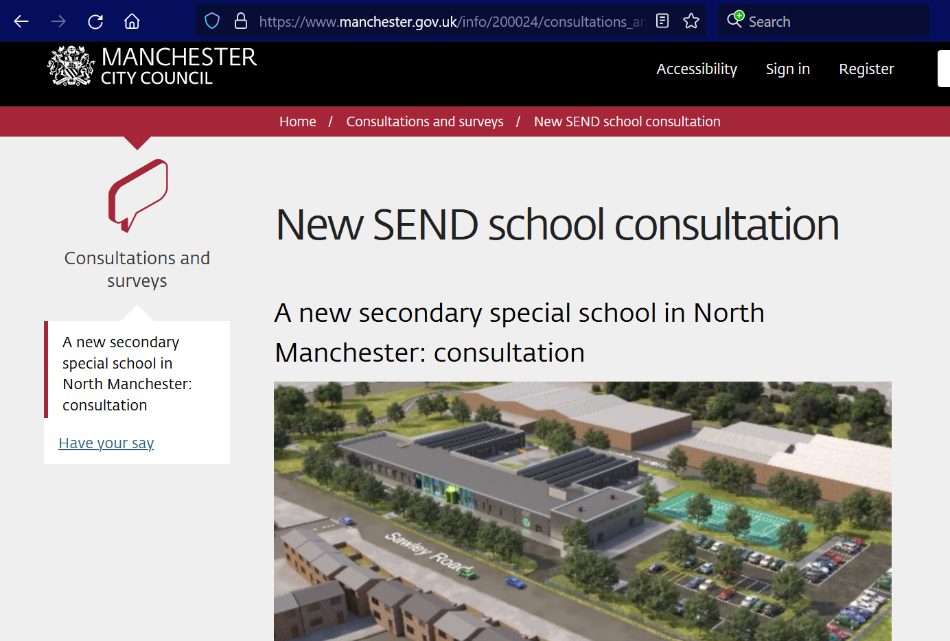 The photo is a screenshot of the page on Manchester City Council's website about the consultation around the new specialist secondary school that being planned to be built in North Manchester.