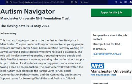 The photo shows a screenshot of the job post for the Autism Navigator role on the NHS Jobs website.