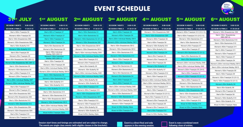 The image shows a screenshot of the full schedule of events for the Para Swimming World Championships of 2023.