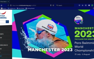 The photo shows a screenshot of British Swimming's webpage for the 2023 Para Swimming World Championships, which will be held in Manchester.