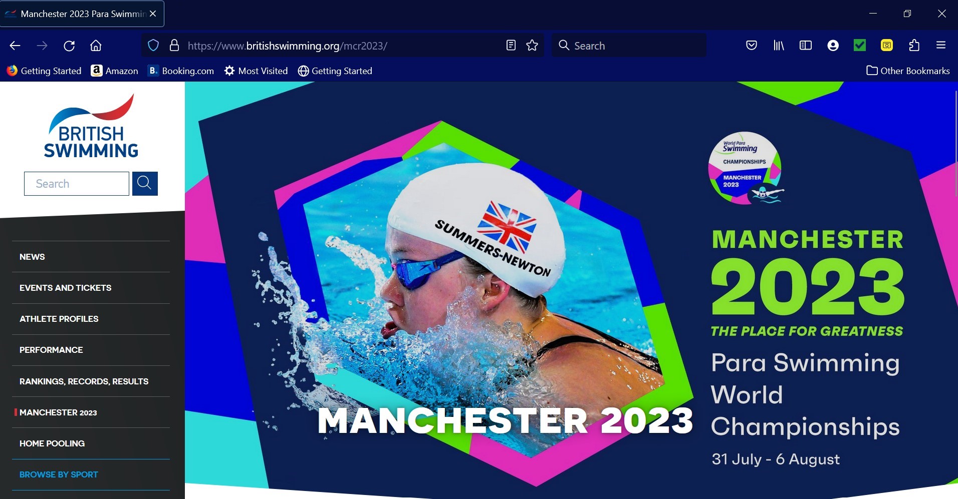 The photo shows a screenshot of British Swimming's webpage for the 2023 Para Swimming World Championships, which will be held in Manchester.