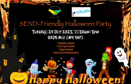 Poster for MPCF's SEND Halloween Party 2023 | Includes a halloween-themed frame (with bats, pumpkin, ghost, etc) and costumed children in the background | image credits: LadyMarisa and AnnaliseArt on pixabay.com