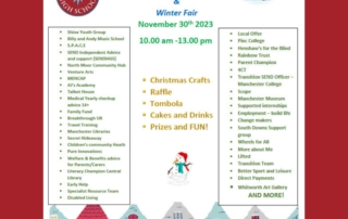 Poster for Melland High School's "Parents/Carer Information Day and Winter Fair" for 2023, showing festive-looking houses and Christmas trees in the background + Melland's and Bright Futures Educational Trust's logos at the top + event details in the foreground