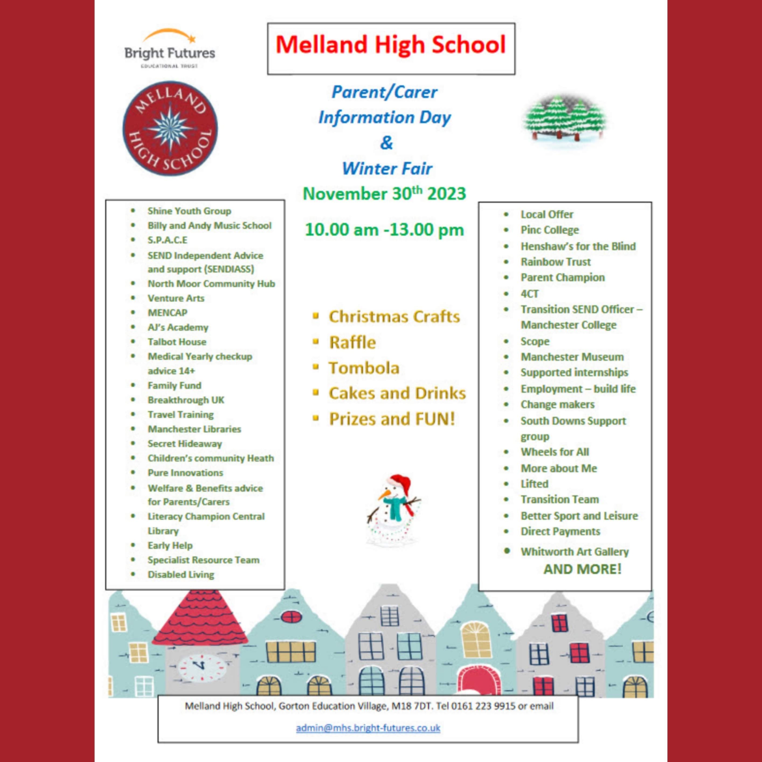 Poster for Melland High School's "Parents/Carer Information Day and Winter Fair" for 2023, showing festive-looking houses and Christmas trees in the background + Melland's and Bright Futures Educational Trust's logos at the top + event details in the foreground