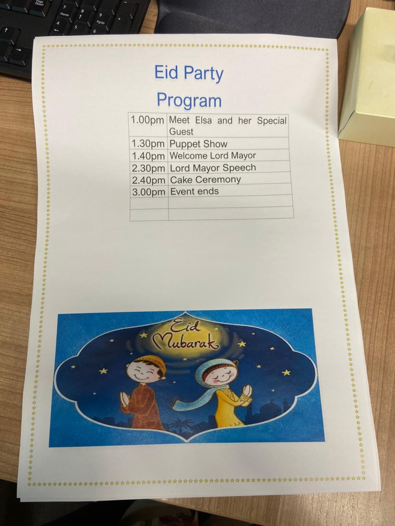 The programme for Dare 2 b Different's Eid party of 2024