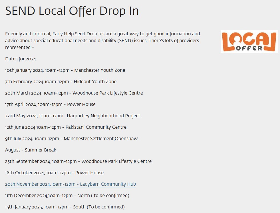 List of SEND Local Offer Drop-ins from January 2024 through January 2025