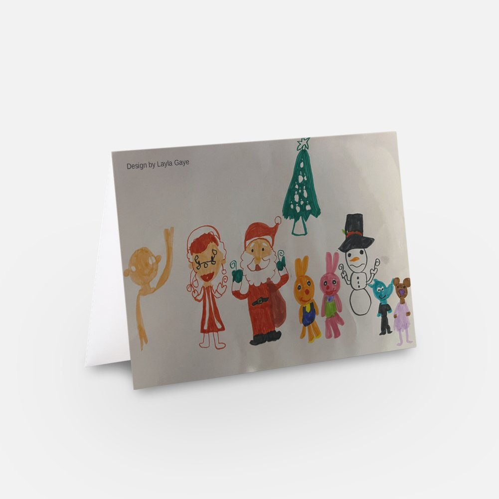 The image shows a mock-up of the festive card with Layla Gaye's design (showing Santa and a few other festive characters).