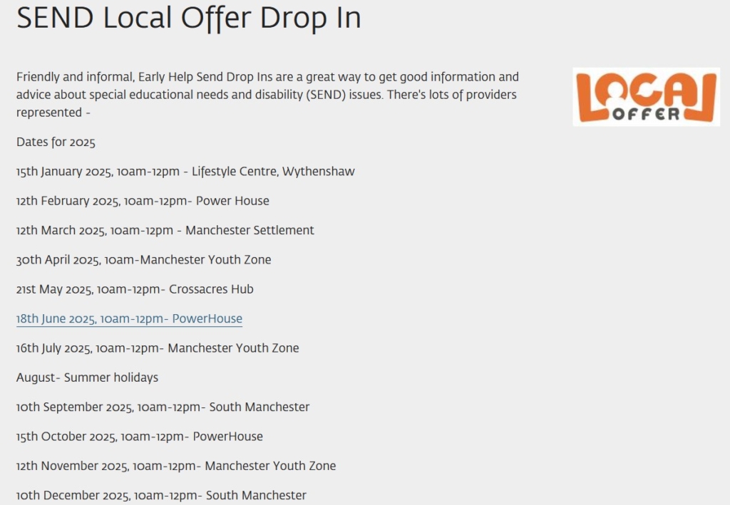 List of SEND Local Offer Drop-ins from January through December 2025