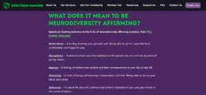 This is a screenshot taken from the Spectrum Gaming website on 2025-10-12 showing the article "What does it mean to be Neurodiversity Affirming?"
