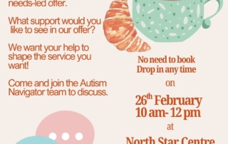 The poster shows illustrations of a hot coffee cup, croissant and speech bubbles, surrounded by details of the coffee morning (date, time, venue, descriptions of the event), as well as the MFT logo at the top.