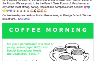 Screenshot of Solange's FB post about Manchester's emotional week in May + news about coffee mornings