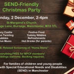 Poster for MPCF's SEND Christmas Party | Includes a Christmas-themed background with loads of Christmas gifts | image credits: George Dolgikh from pexels.com