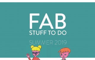 Cover page of Manchester Local Offer's "FAB THINGS TO DO SUMMER 2019", showing the Local Offer logo, the document title, and an illustration of a girl & a boy walking