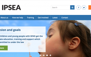 A screenshot of the IPSEA website's homepage, showing some text, IPSEA's logo and a photo of a girl blowing a dandelion