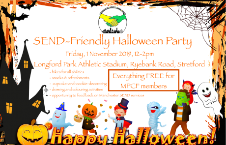 Poster for MPCF's SEND Halloween Party | Includes a halloween-themed frame (with bats, pumpkin, ghost, etc) and costumed children in the background | image credits: LadyMarisa and AnnaliseArt on pixabay.com