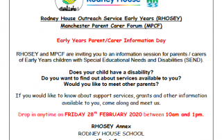 Details of the Parent/Carer Drop-in session organised by RHOSEY and MPCF, including logos of Rodney House School, RHOSEY and MPCF