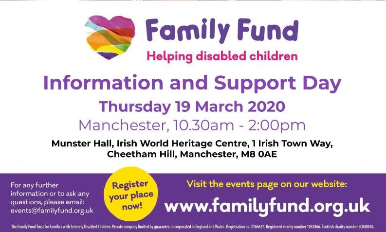 Cropped version of the poster for Family Fund Information & Support Day in Manchester for 2020