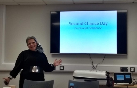 Geraldine Hills of Inclusive Choice Consultancy posing at the start of the Emotional Resilience workshop in December 2019