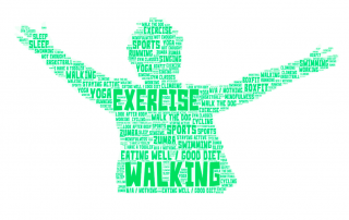 a word cloud showing what parents do to keep physically well; the word cloud is in the shape of a person with arms spread wide