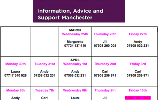 Image shows a calendar of IAS Manchester's work hours between March 25 through April 13 2020, plus IASM's logo