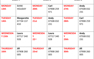 Image shows a calendar of IAS Manchester's work hours for April 2020, plus IASM's logo