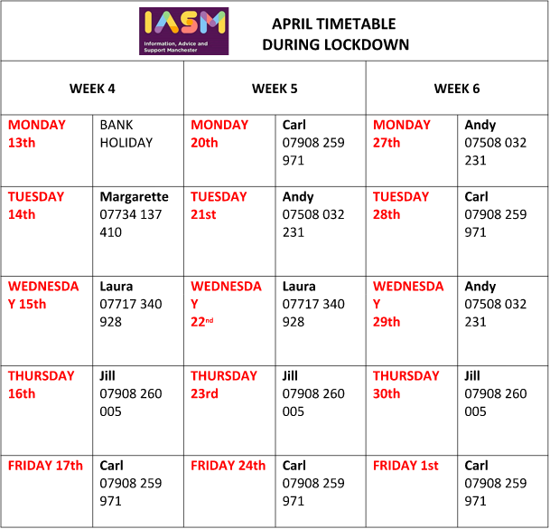 Image shows a calendar of IAS Manchester's work hours for April 2020, plus IASM's logo