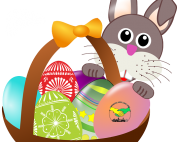 illustration of a basket containing Easter eggs, with a bunny behind it | photo credit: OpenClipart-Vectors via Pixabay.com