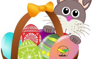 illustration of a basket containing Easter eggs, with a bunny behind it | photo credit: OpenClipart-Vectors via Pixabay.com