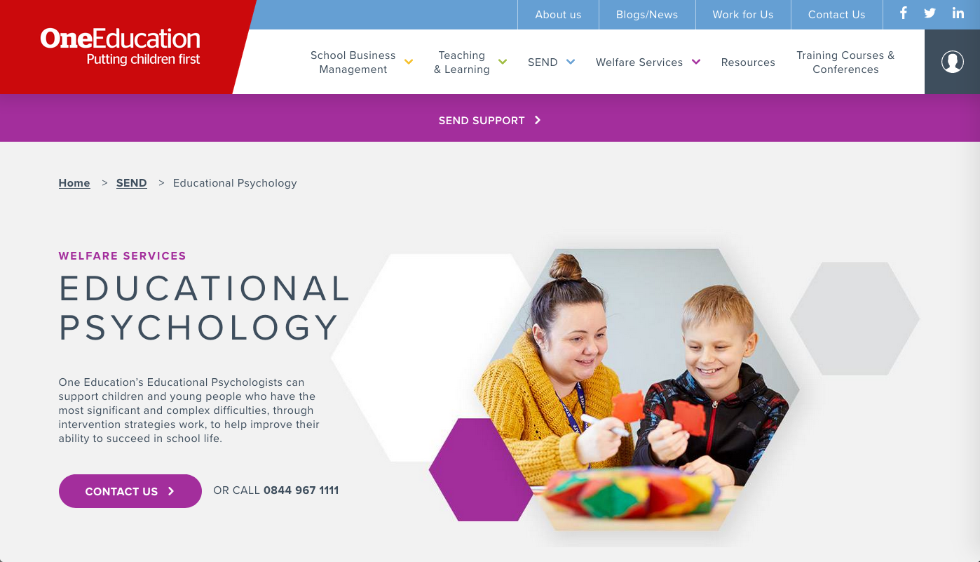 screenshot of https://www.oneeducation.co.uk/send/educational-psychology taken on 17 April 2020