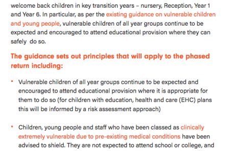 Screenshot of the CDC's "The Department for Education has published new guidance on phased returns to schools, colleges and nurseries" news article