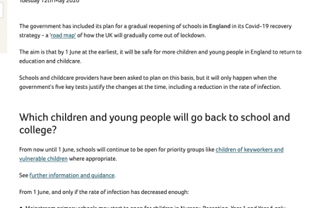 screenshot of Contact's "When will schools reopen in England?" news article