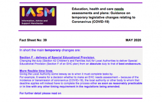 Screenshot of "Factsheet 39 Education, health and care plans and assessments Temporary legislative changes", an Information, Advice and Support Manchester document